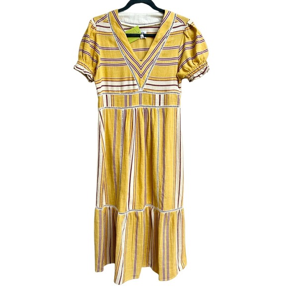 dRA Puff Sleeve Striped Lace-trim Fit and Flare Midi Dress Yellow Women's Small - Picture 1 of 6